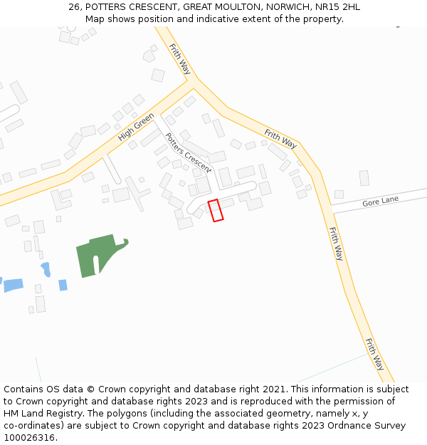 26, POTTERS CRESCENT, GREAT MOULTON, NORWICH, NR15 2HL: Location map and indicative extent of plot