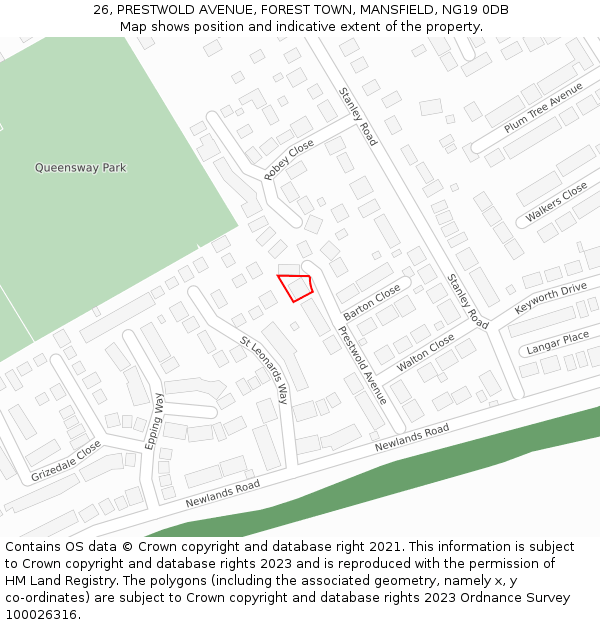 26, PRESTWOLD AVENUE, FOREST TOWN, MANSFIELD, NG19 0DB: Location map and indicative extent of plot