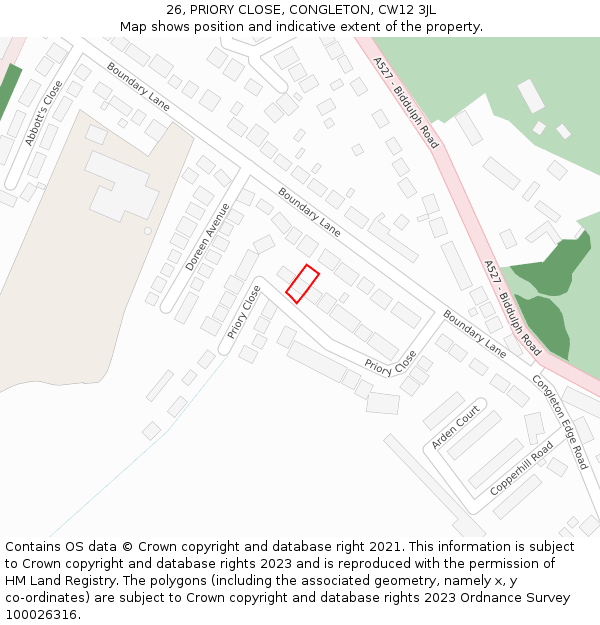 26, PRIORY CLOSE, CONGLETON, CW12 3JL: Location map and indicative extent of plot