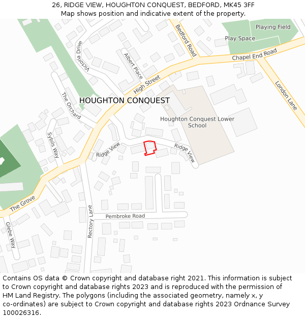 26, RIDGE VIEW, HOUGHTON CONQUEST, BEDFORD, MK45 3FF: Location map and indicative extent of plot