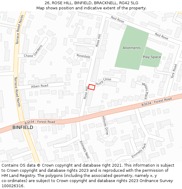 26, ROSE HILL, BINFIELD, BRACKNELL, RG42 5LG: Location map and indicative extent of plot