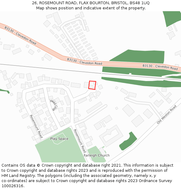 26, ROSEMOUNT ROAD, FLAX BOURTON, BRISTOL, BS48 1UQ: Location map and indicative extent of plot