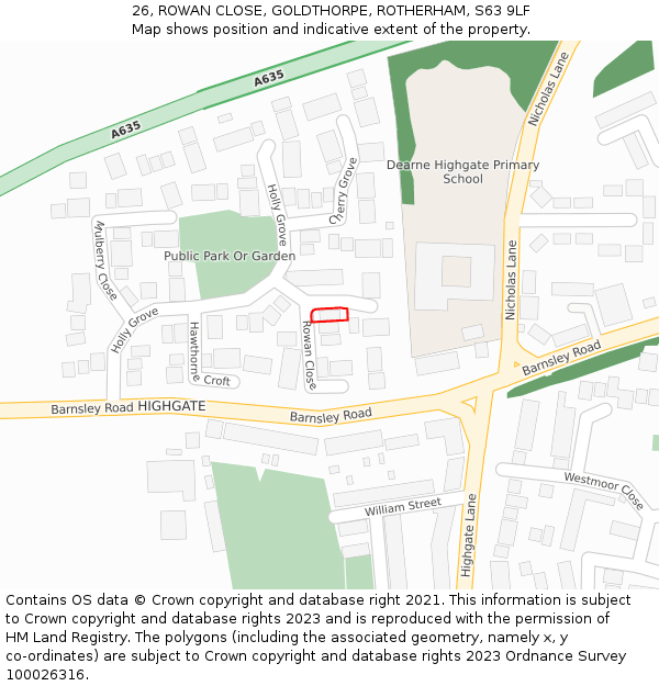 26, ROWAN CLOSE, GOLDTHORPE, ROTHERHAM, S63 9LF: Location map and indicative extent of plot