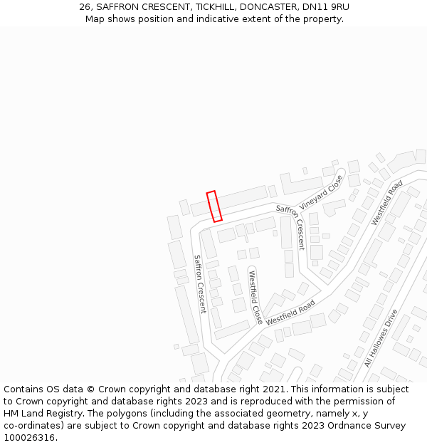 26, SAFFRON CRESCENT, TICKHILL, DONCASTER, DN11 9RU: Location map and indicative extent of plot