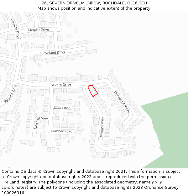 26, SEVERN DRIVE, MILNROW, ROCHDALE, OL16 3EU: Location map and indicative extent of plot