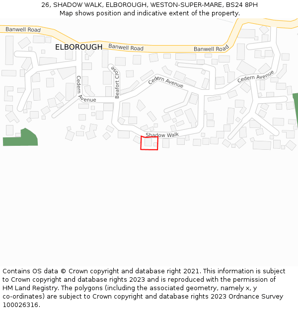 26, SHADOW WALK, ELBOROUGH, WESTON-SUPER-MARE, BS24 8PH: Location map and indicative extent of plot