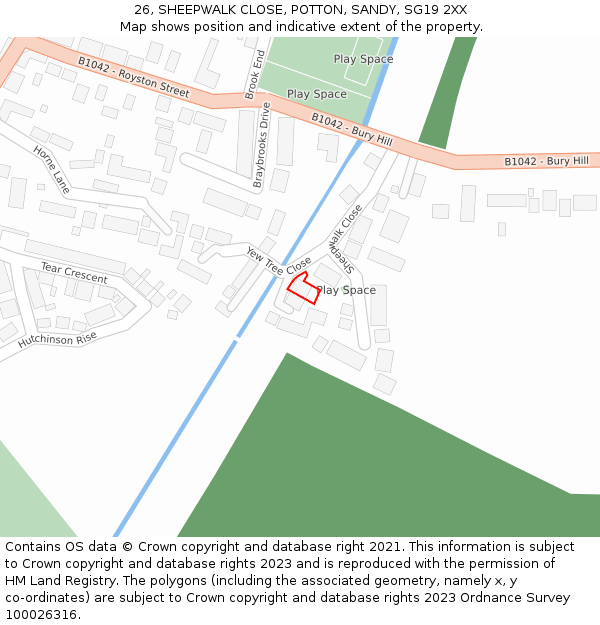 26, SHEEPWALK CLOSE, POTTON, SANDY, SG19 2XX: Location map and indicative extent of plot