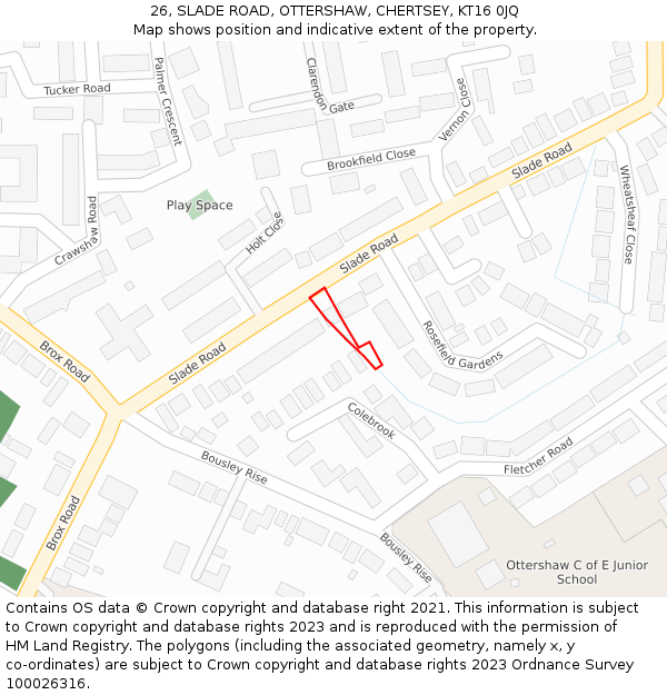 26, SLADE ROAD, OTTERSHAW, CHERTSEY, KT16 0JQ: Location map and indicative extent of plot