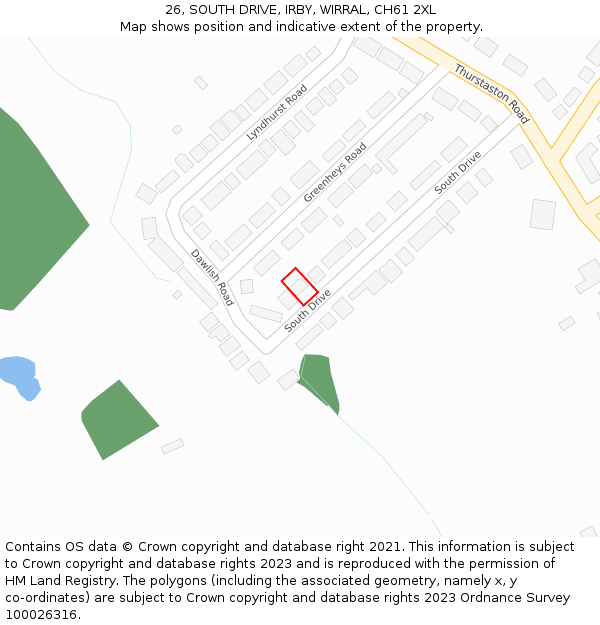 26, SOUTH DRIVE, IRBY, WIRRAL, CH61 2XL: Location map and indicative extent of plot