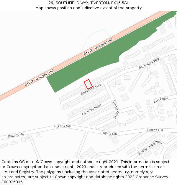 26, SOUTHFIELD WAY, TIVERTON, EX16 5AL: Location map and indicative extent of plot