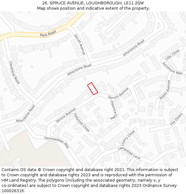 26, SPRUCE AVENUE, LOUGHBOROUGH, LE11 2QW: Location map and indicative extent of plot