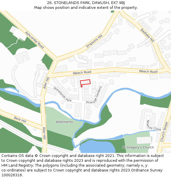 26, STONELANDS PARK, DAWLISH, EX7 9BJ: Location map and indicative extent of plot