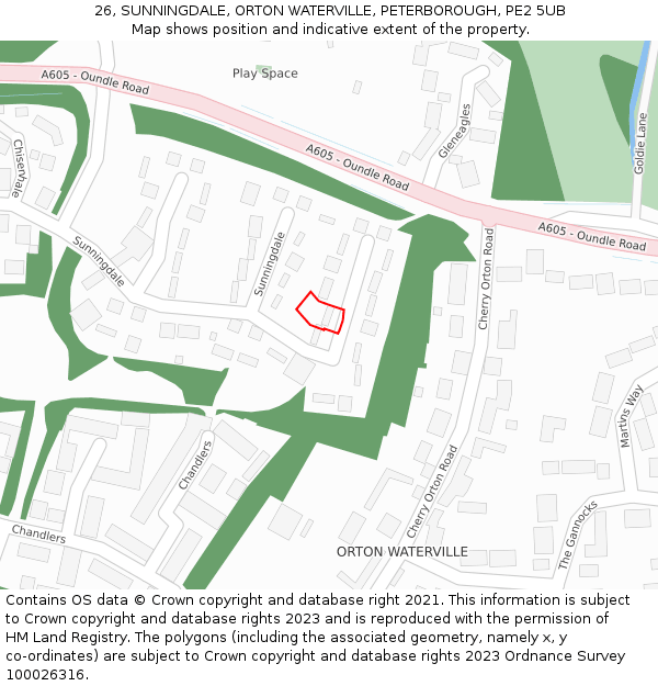 26, SUNNINGDALE, ORTON WATERVILLE, PETERBOROUGH, PE2 5UB: Location map and indicative extent of plot