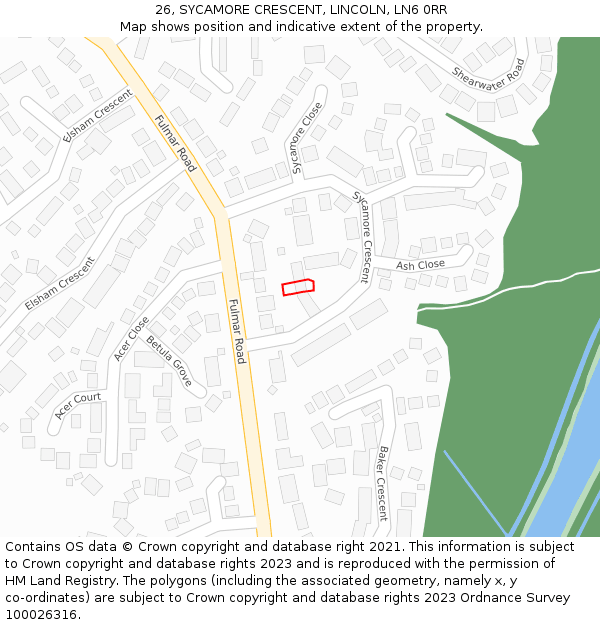 26, SYCAMORE CRESCENT, LINCOLN, LN6 0RR: Location map and indicative extent of plot