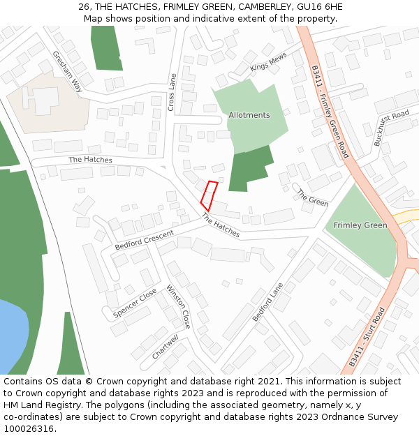 26, THE HATCHES, FRIMLEY GREEN, CAMBERLEY, GU16 6HE: Location map and indicative extent of plot