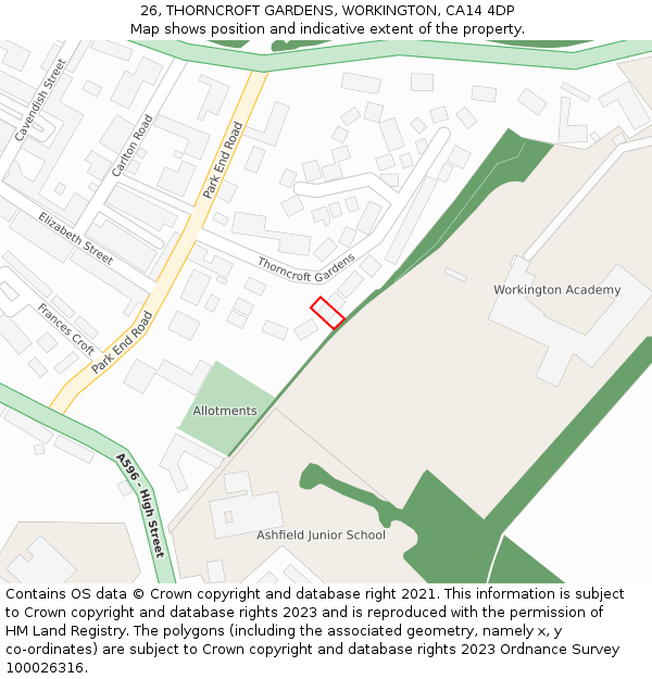 26, THORNCROFT GARDENS, WORKINGTON, CA14 4DP: Location map and indicative extent of plot