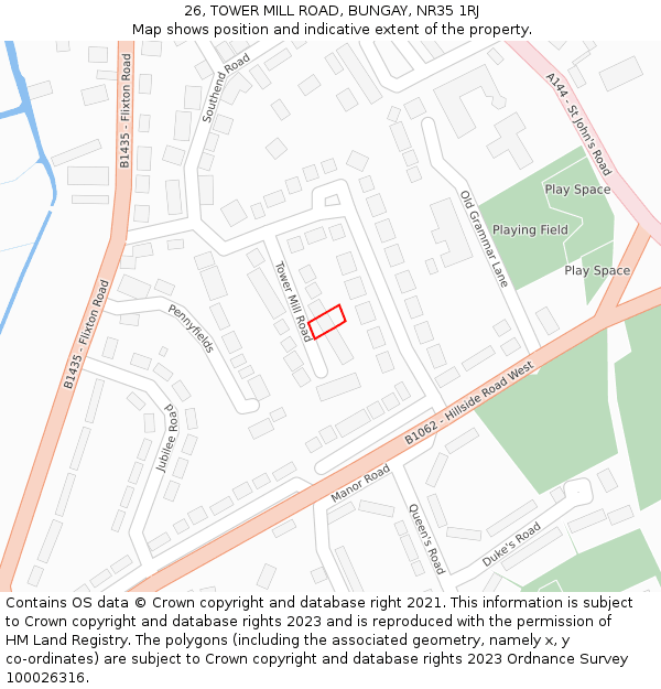 26, TOWER MILL ROAD, BUNGAY, NR35 1RJ: Location map and indicative extent of plot