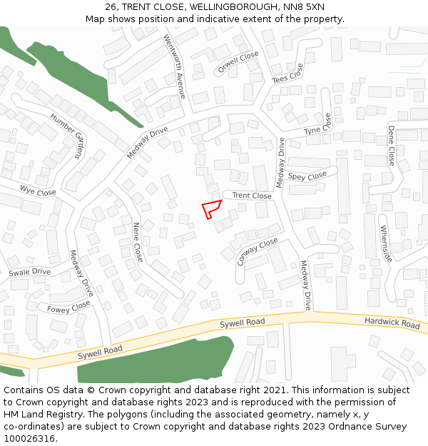 26, TRENT CLOSE, WELLINGBOROUGH, NN8 5XN: Location map and indicative extent of plot