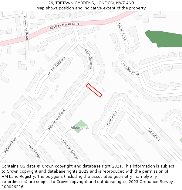 26, TRETAWN GARDENS, LONDON, NW7 4NR: Location map and indicative extent of plot