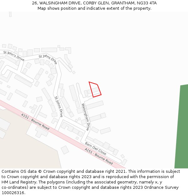 26, WALSINGHAM DRIVE, CORBY GLEN, GRANTHAM, NG33 4TA: Location map and indicative extent of plot