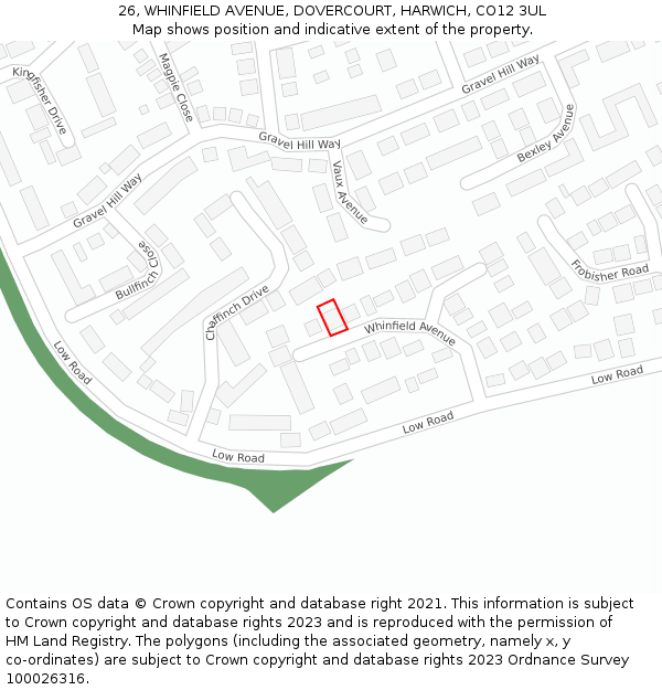 26, WHINFIELD AVENUE, DOVERCOURT, HARWICH, CO12 3UL: Location map and indicative extent of plot