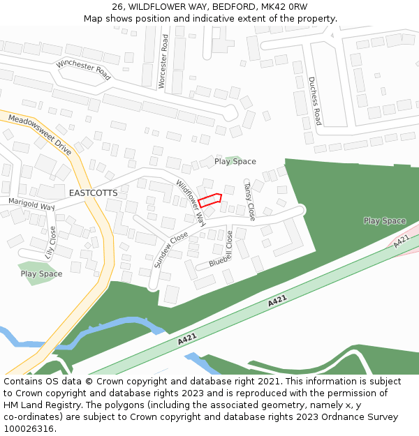 26, WILDFLOWER WAY, BEDFORD, MK42 0RW: Location map and indicative extent of plot