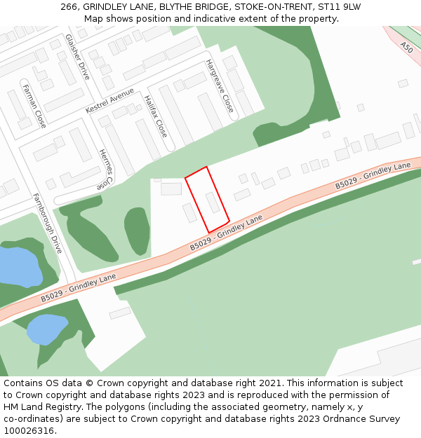 266, GRINDLEY LANE, BLYTHE BRIDGE, STOKE-ON-TRENT, ST11 9LW: Location map and indicative extent of plot