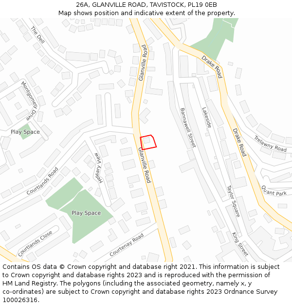 26A, GLANVILLE ROAD, TAVISTOCK, PL19 0EB: Location map and indicative extent of plot