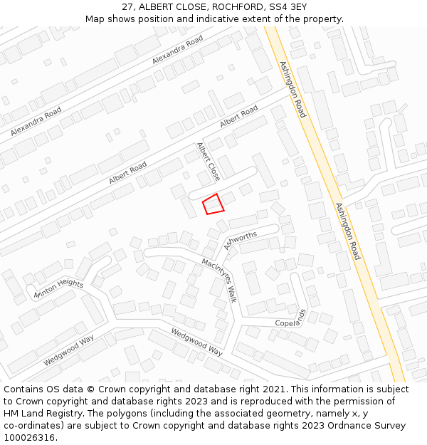 27, ALBERT CLOSE, ROCHFORD, SS4 3EY: Location map and indicative extent of plot