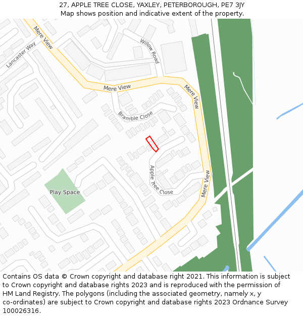 27, APPLE TREE CLOSE, YAXLEY, PETERBOROUGH, PE7 3JY: Location map and indicative extent of plot