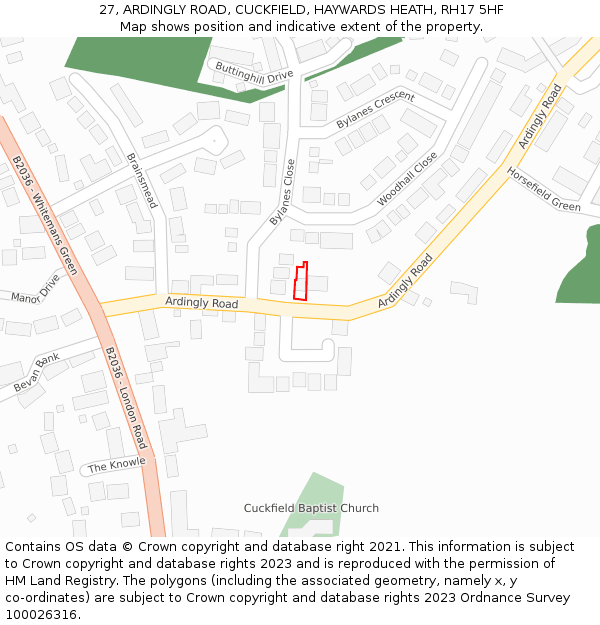 27, ARDINGLY ROAD, CUCKFIELD, HAYWARDS HEATH, RH17 5HF: Location map and indicative extent of plot