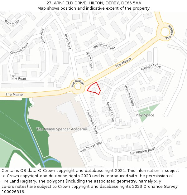 27, ARNFIELD DRIVE, HILTON, DERBY, DE65 5AA: Location map and indicative extent of plot