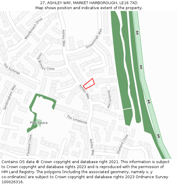 27, ASHLEY WAY, MARKET HARBOROUGH, LE16 7XD: Location map and indicative extent of plot