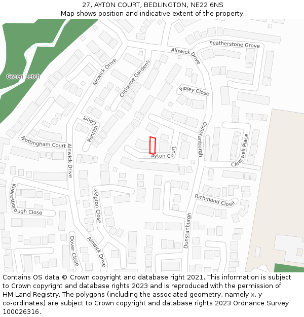 27, AYTON COURT, BEDLINGTON, NE22 6NS: Location map and indicative extent of plot