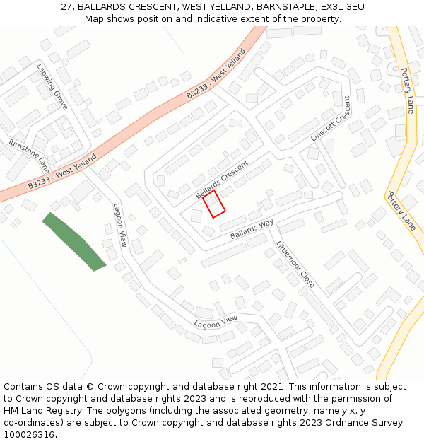 27, BALLARDS CRESCENT, WEST YELLAND, BARNSTAPLE, EX31 3EU: Location map and indicative extent of plot