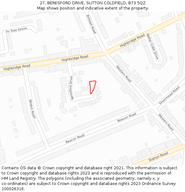 27, BERESFORD DRIVE, SUTTON COLDFIELD, B73 5QZ: Location map and indicative extent of plot