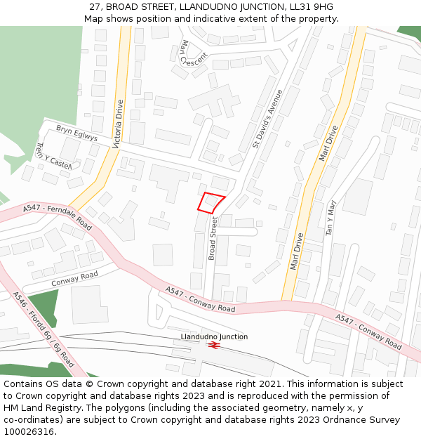 27, BROAD STREET, LLANDUDNO JUNCTION, LL31 9HG: Location map and indicative extent of plot