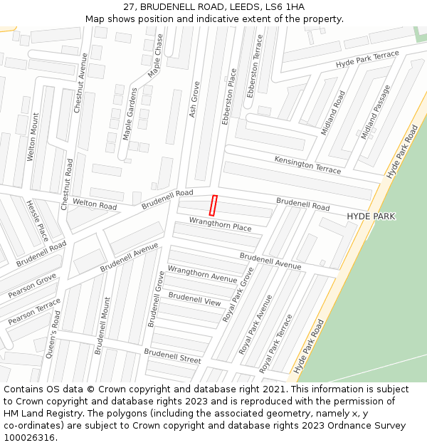 27, BRUDENELL ROAD, LEEDS, LS6 1HA: Location map and indicative extent of plot