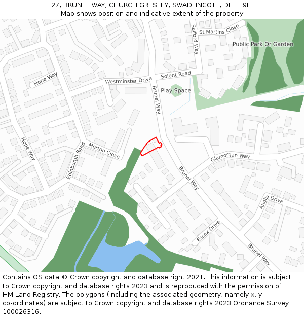 27, BRUNEL WAY, CHURCH GRESLEY, SWADLINCOTE, DE11 9LE: Location map and indicative extent of plot