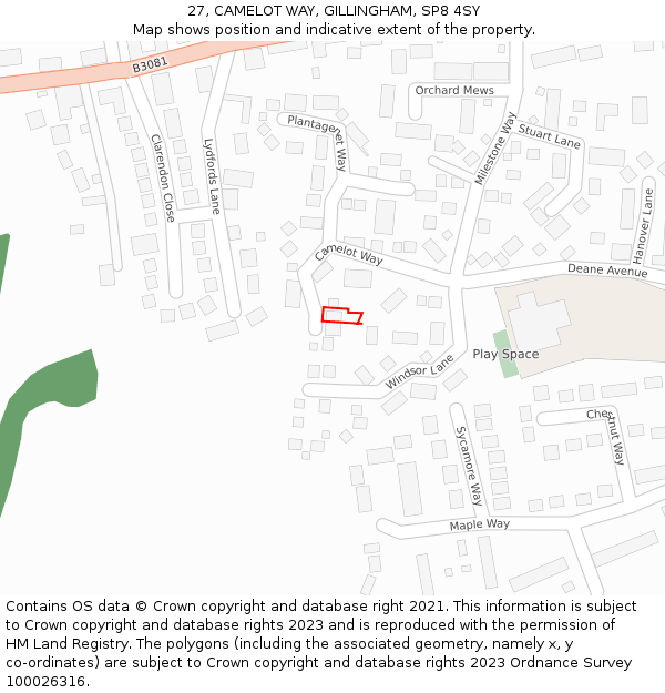 27, CAMELOT WAY, GILLINGHAM, SP8 4SY: Location map and indicative extent of plot