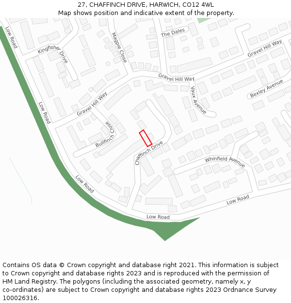 27, CHAFFINCH DRIVE, HARWICH, CO12 4WL: Location map and indicative extent of plot