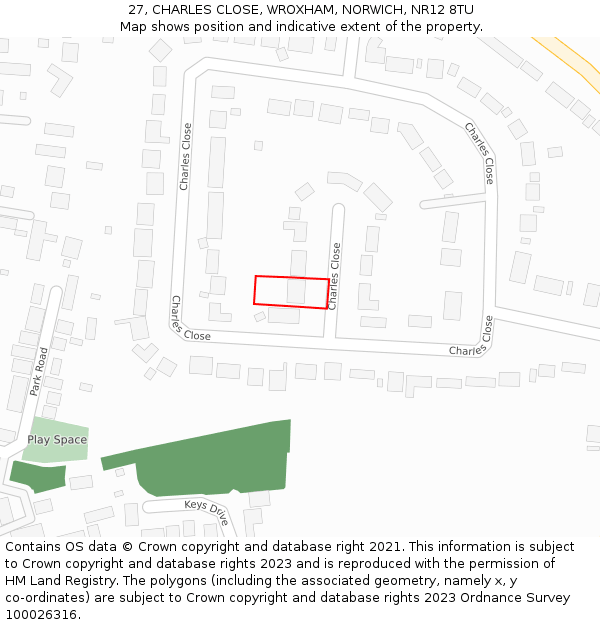 27, CHARLES CLOSE, WROXHAM, NORWICH, NR12 8TU: Location map and indicative extent of plot