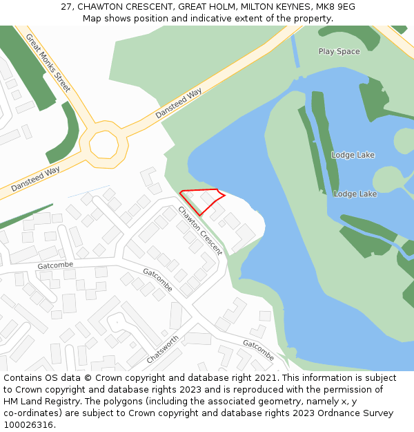 27, CHAWTON CRESCENT, GREAT HOLM, MILTON KEYNES, MK8 9EG: Location map and indicative extent of plot