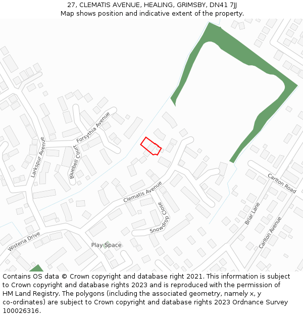 27, CLEMATIS AVENUE, HEALING, GRIMSBY, DN41 7JJ: Location map and indicative extent of plot