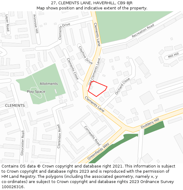 27, CLEMENTS LANE, HAVERHILL, CB9 8JR: Location map and indicative extent of plot