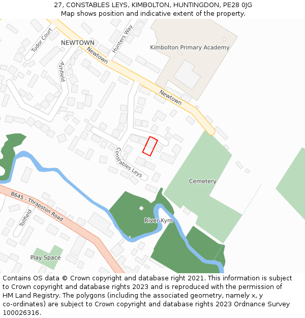 27, CONSTABLES LEYS, KIMBOLTON, HUNTINGDON, PE28 0JG: Location map and indicative extent of plot