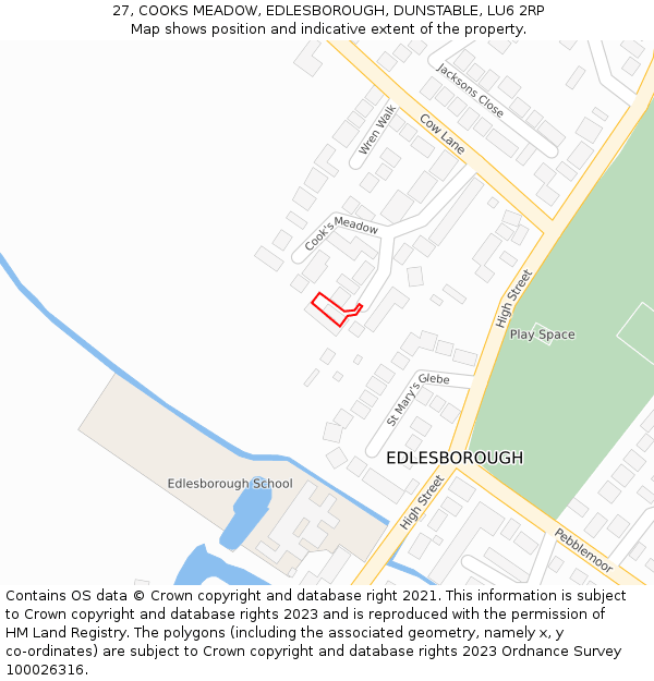 27, COOKS MEADOW, EDLESBOROUGH, DUNSTABLE, LU6 2RP: Location map and indicative extent of plot