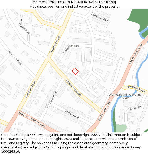 27, CROESONEN GARDENS, ABERGAVENNY, NP7 6BJ: Location map and indicative extent of plot