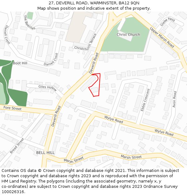 27, DEVERILL ROAD, WARMINSTER, BA12 9QN: Location map and indicative extent of plot