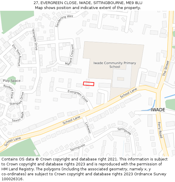 27, EVERGREEN CLOSE, IWADE, SITTINGBOURNE, ME9 8LU: Location map and indicative extent of plot